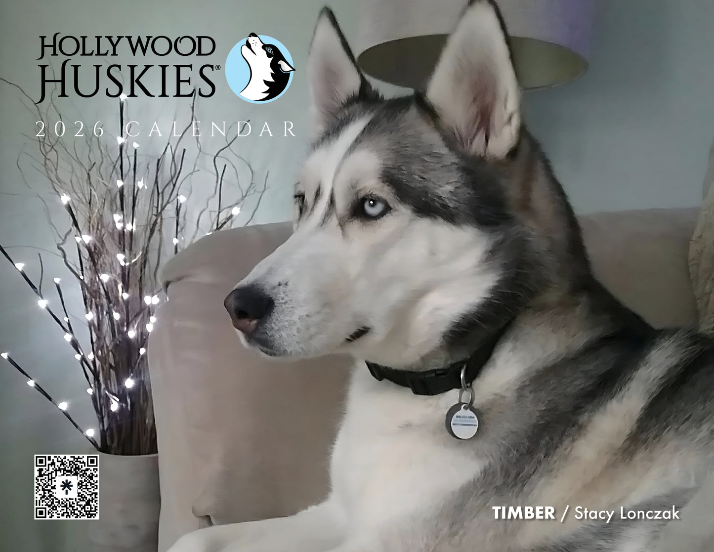 Husky dog with 'Hollywood Huskies' calendar and '2026' text in the background